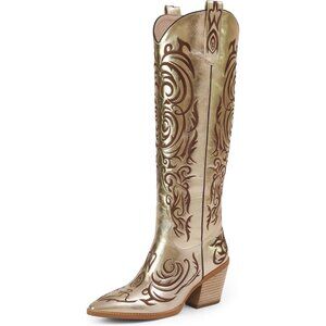 Women Pu Gold Knee High Pointed Toe Block Heel Cowboy Western Embroidered Boots